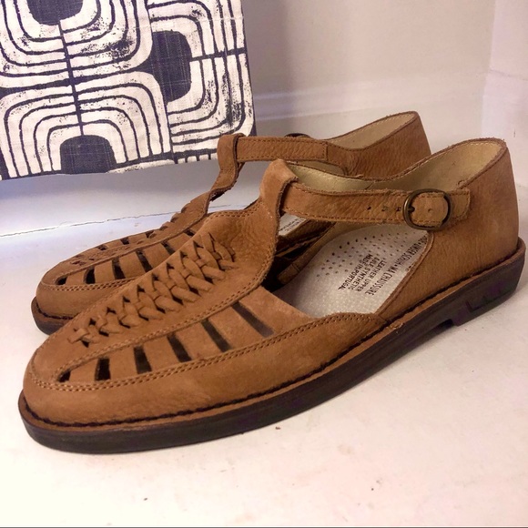 📌SOLD📌Vtg | Rieker Leather Minimalist Sandals Tan Cut Out Fisherman Vintage - Picture 2 of 12